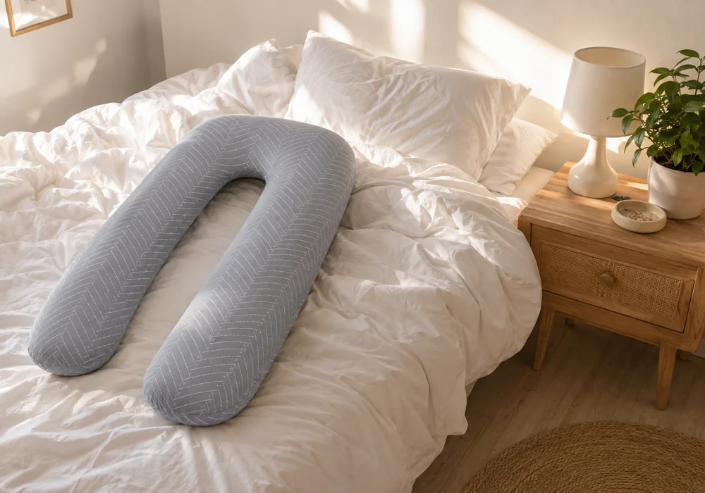 Grey herringbone U-shaped pregnancy pillow on an unmade bed, in a bright bedroom with a green plant and a bedside lamp