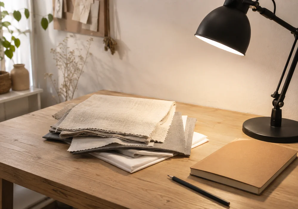 A corner of a light desk: neutral fabric swatches stacked up, a notebook and an architect’s lamp