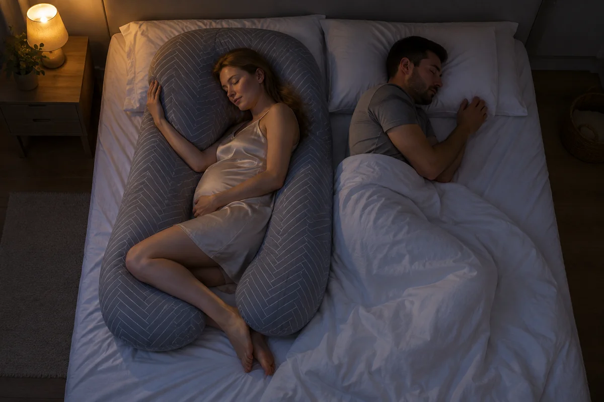 A couple asleep at night, the woman settled inside the U-shaped pillow, the man undisturbed beside her