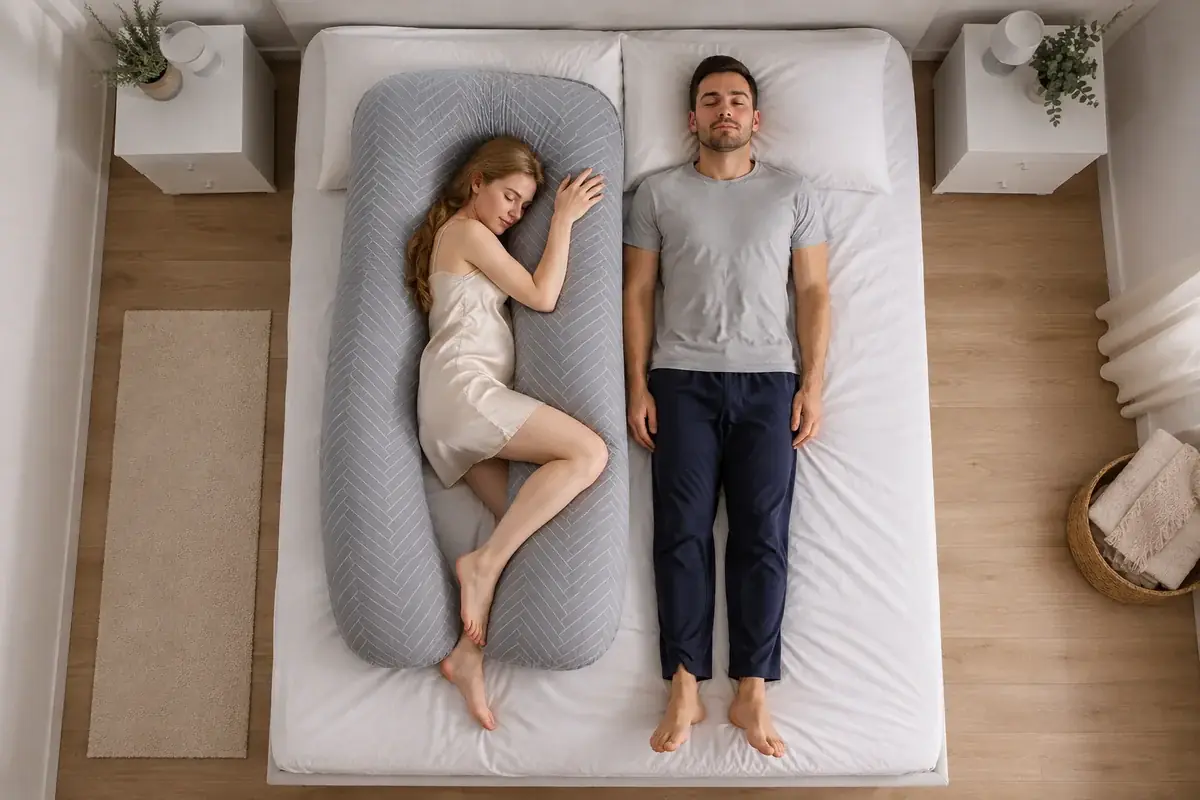 Overhead view of a full-size bed: the U-shaped pillow takes the left half, a man sleeps on the other half