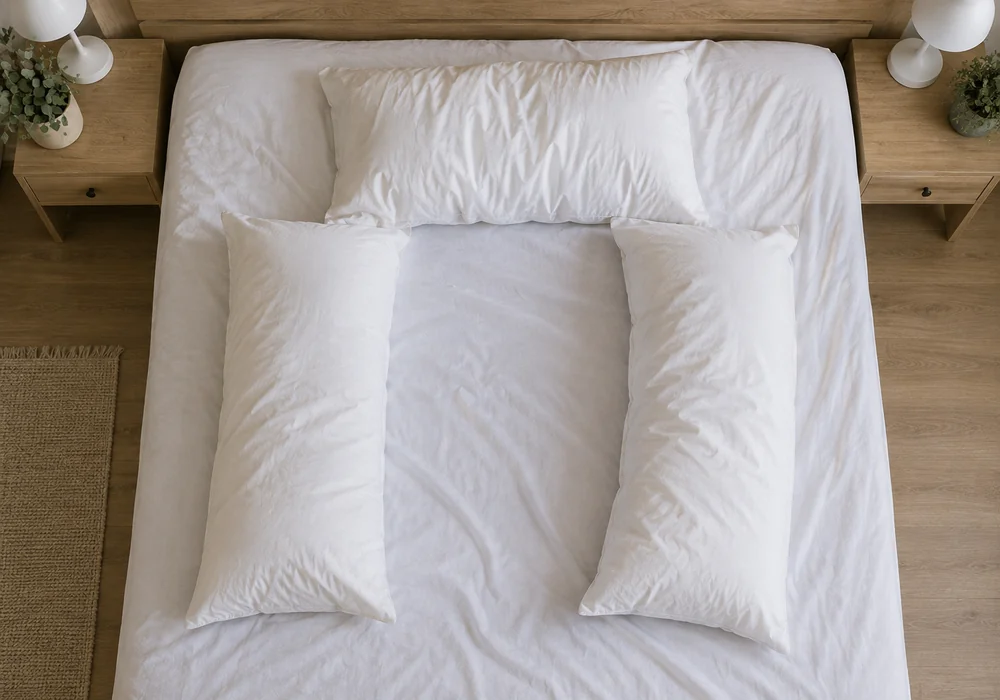 Three ordinary pillows arranged in a U around an empty space, seen from above
