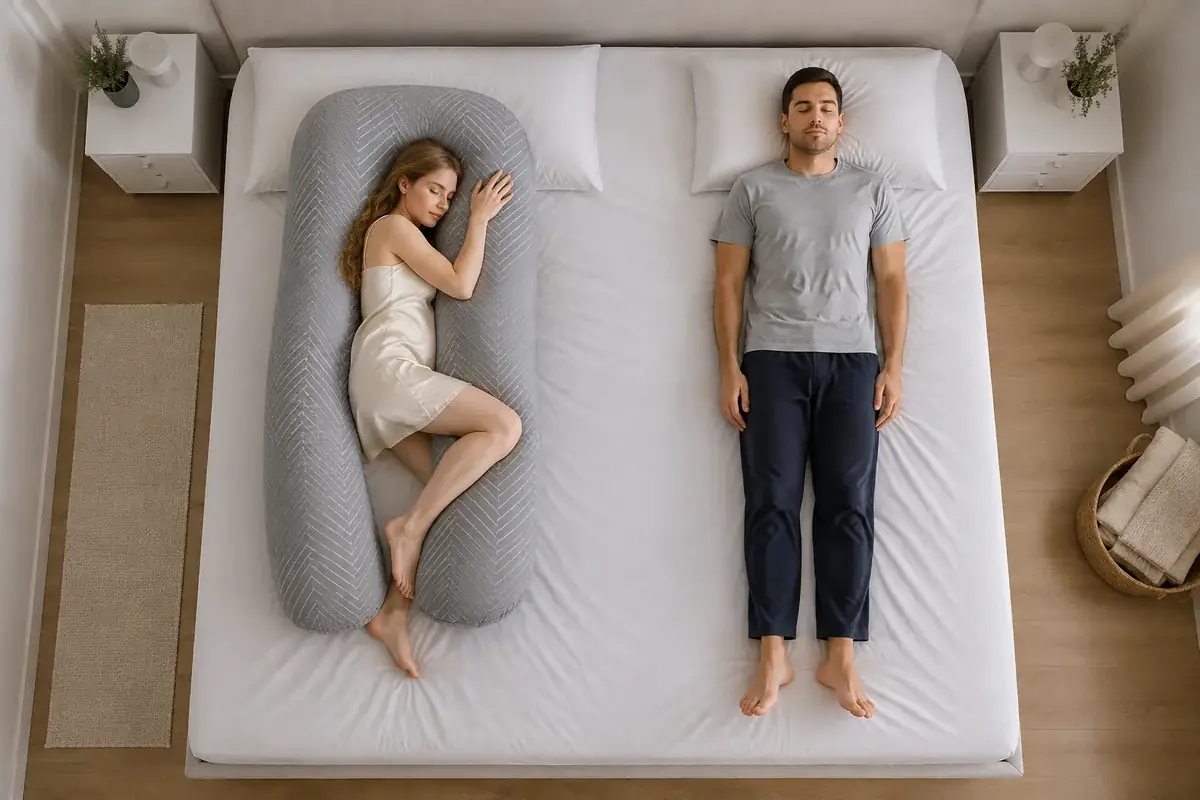 The same framing on a queen-size bed: the space left between the pillow and the other sleeper is visibly more comfortable