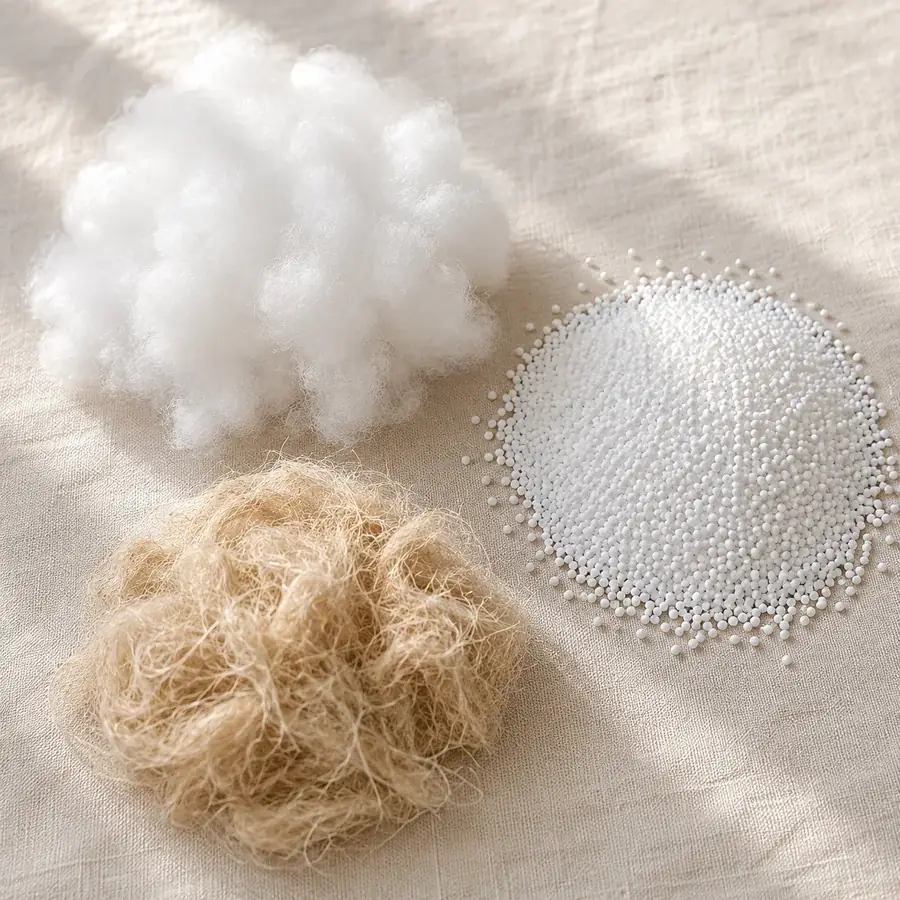 Three piles of filling on off-white linen: synthetic fibre, microbeads and beige plant fibre