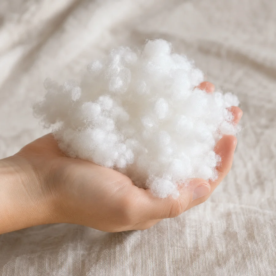 A handful of lofty white synthetic fibre held in an open hand