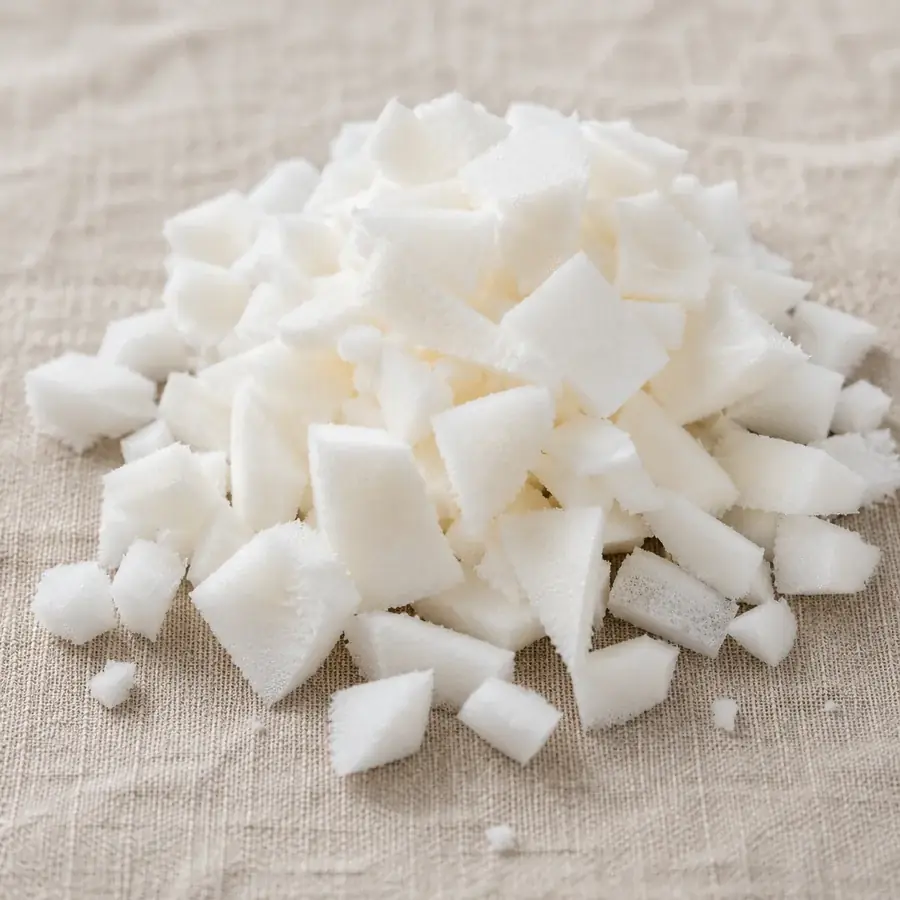A small pile of white shredded foam in uneven pieces on a linen background