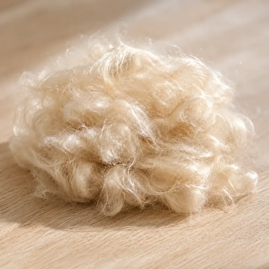 A small pile of pale beige kapok fibre, silky, on a wooden surface
