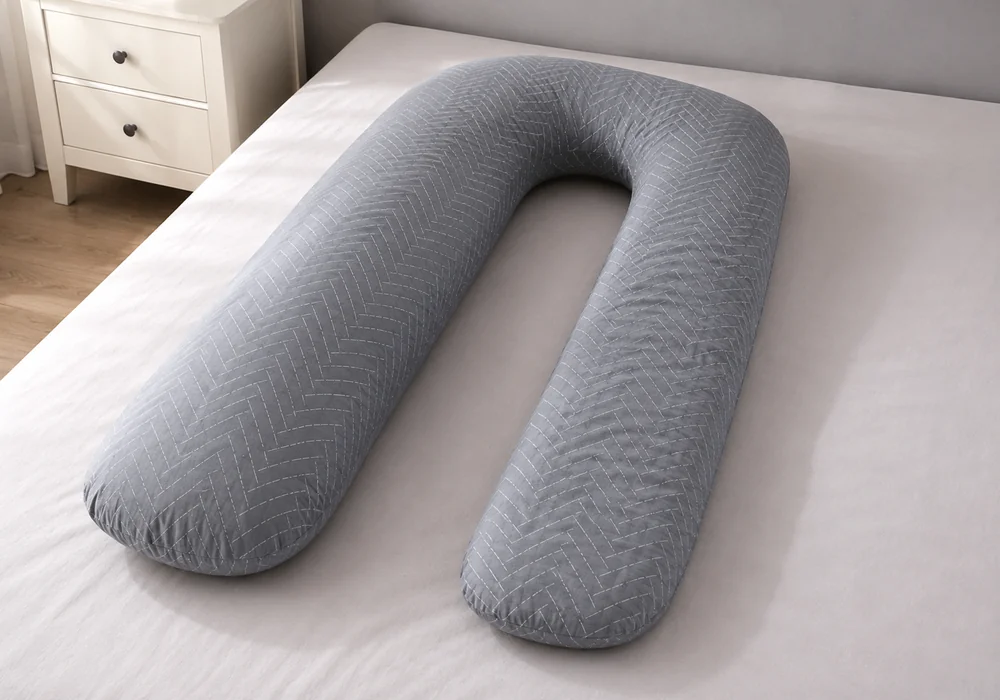 A U-shaped pillow with one arm clearly flatter than the other
