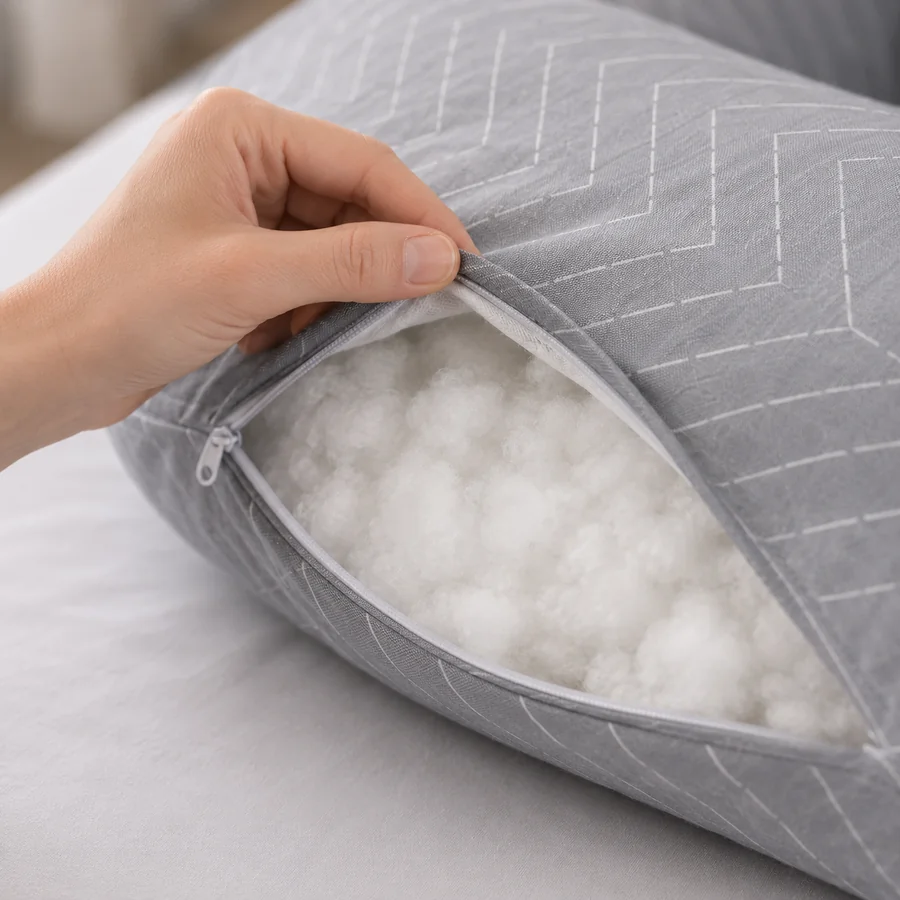 Open zip showing the lofty white fibre filling inside