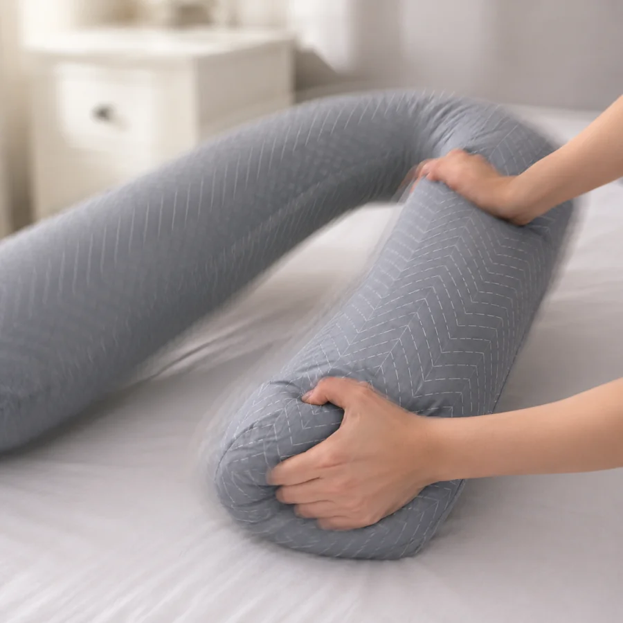 Two hands shaking the pillow by one arm to redistribute the filling