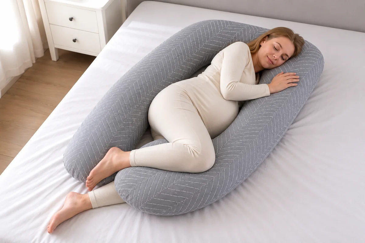 Pregnant woman lying on her side inside the herringbone grey U-shaped pillow