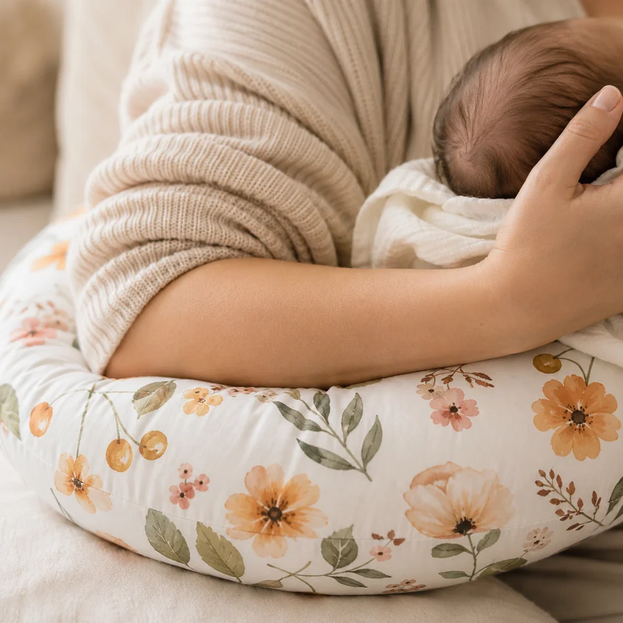 Close-up of a forearm resting on the nursing pillow’s arm, the hand supporting the baby’s head
