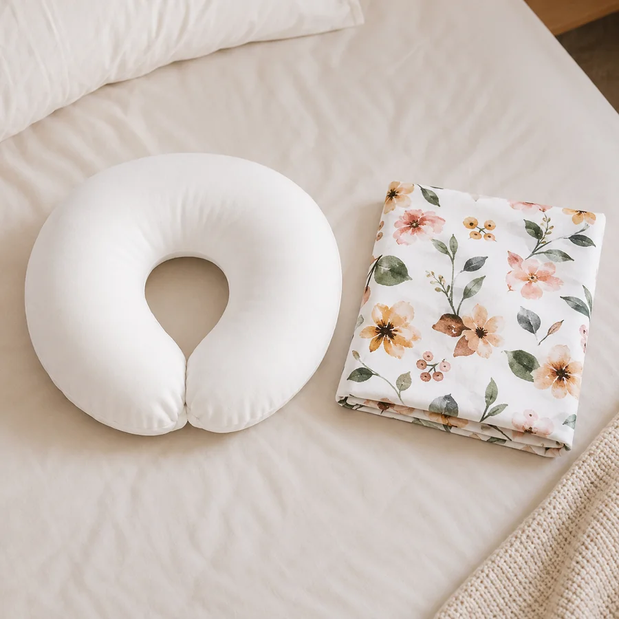 White floral cover removed and folded beside the bare nursing pillow, on a light bed