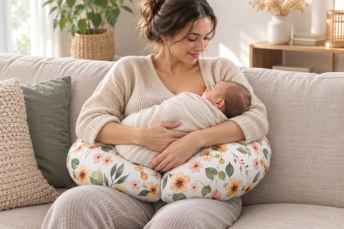 Woman sitting on a sofa, white floral nursing pillow around her waist, a swaddled baby settled at chest height