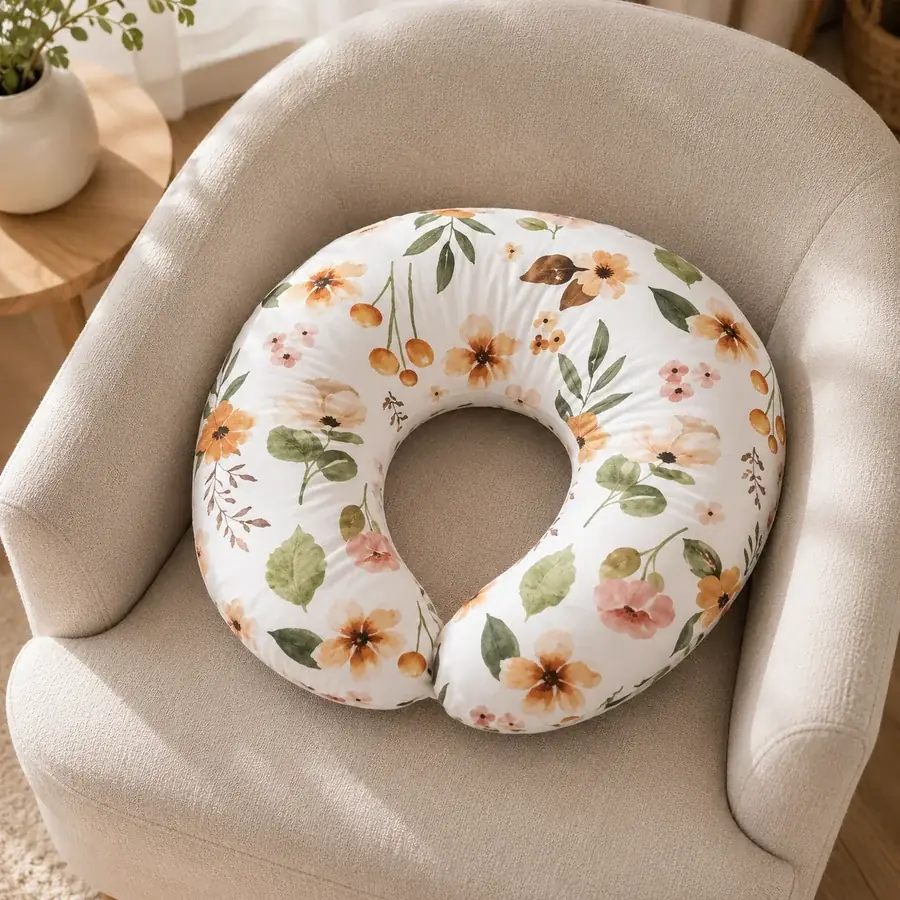 White floral nursing pillow on its own on a light armchair, its opening facing forward
