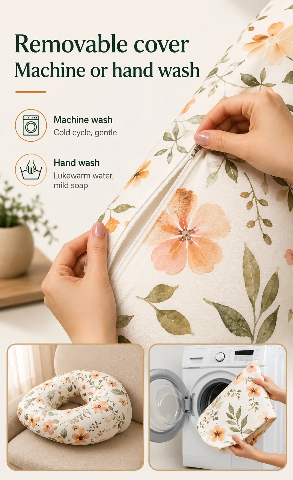 A hand opening the cover zip, with the pillow and a washing machine alongside