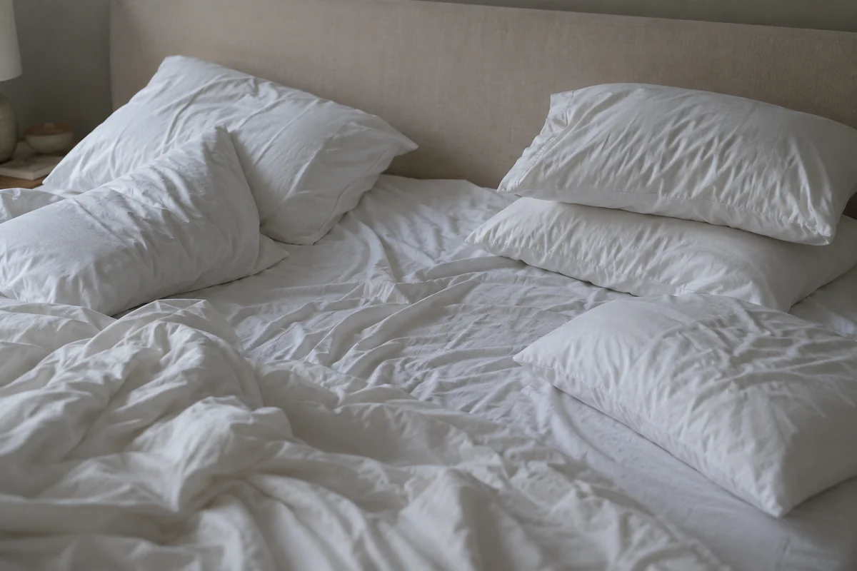 An unmade bed at dawn, several ordinary pillows collapsed around an empty hollow