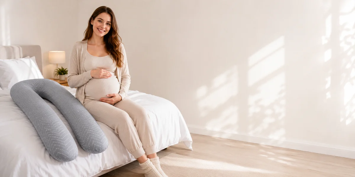 Pregnant woman sitting on the edge of a bed, smiling, the U-shaped pregnancy pillow beside her