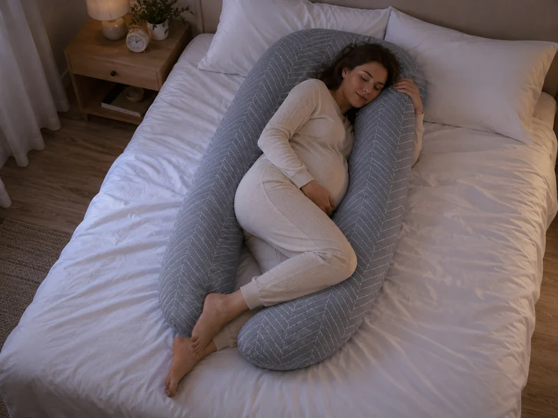 Pregnant woman asleep on her side inside the U-shaped pillow, seen from above